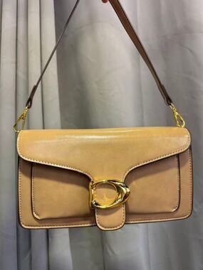 Beige Leather Shoulder Bag with Gold Hardware